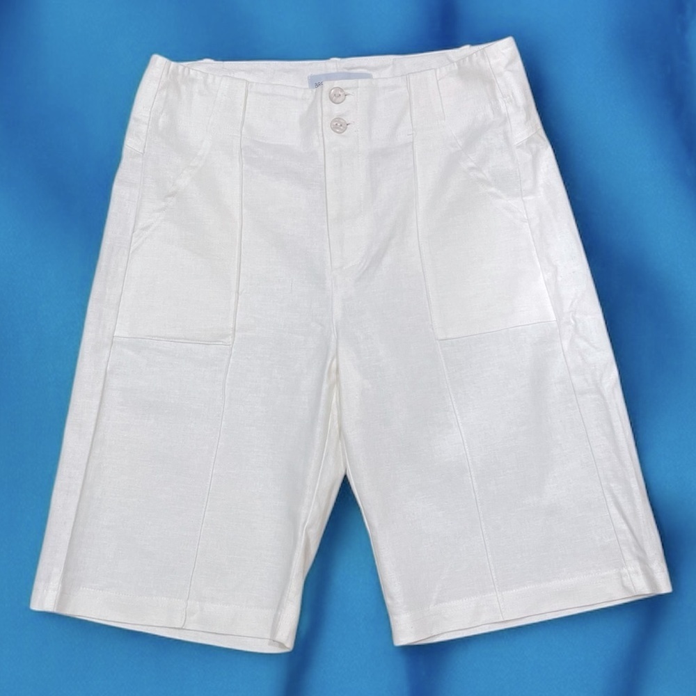 NWT (28) BRENDA BEDDOME Stretch Linen Bermuda Shorts Pintuck Patch Pockets White
